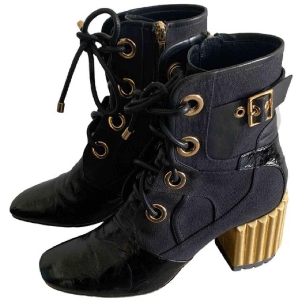 Dior Black Canvas and Crinkled Leather Sculpted Block Heel Ankle Boots Size 38.5